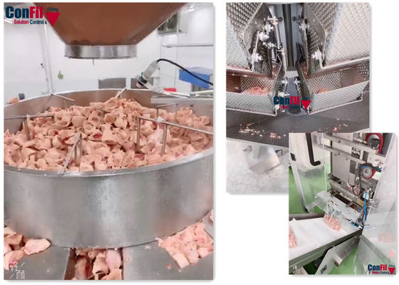 동결된 입방체 닭고기류 회전식 진공 포장 기계 시스템을 위한 멀티헤드 가중기 곤포기